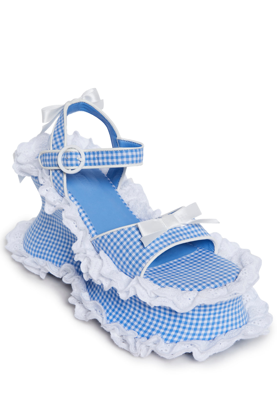 Gingham Eyelet Lace Ruffled Wedge Heels Sugar Thrillz - Blue - Image 5