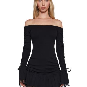 Punk Rock Ribbed Knit Lace Off-The-Shoulder Mini Dress Curr- Purple