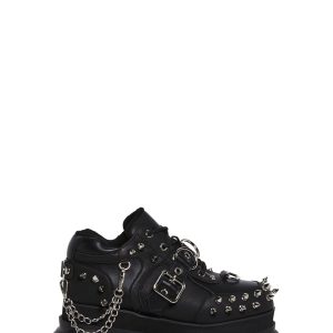 Vegan Leather Platform Sneakers With Lace Ups And Studs And Chains Widow - Black