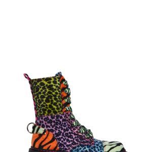 Patchwork Animal Print Combat Boots With Lace-Ups And Side Zip Current Mood - Multi