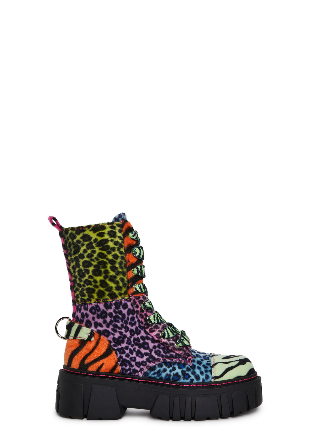 Patchwork Animal Print Combat Boots With Lace-Ups And Side Zip Current Mood - Multi