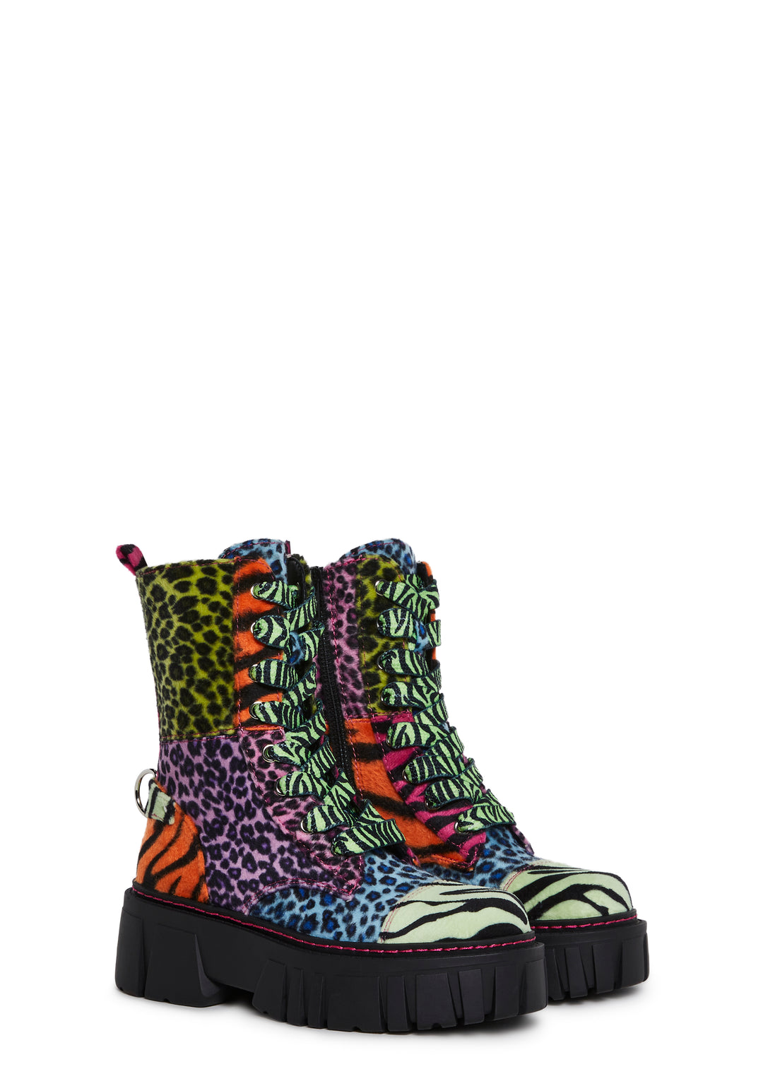 Patchwork Animal Print Combat Boots With Lace-Ups And Side Zip Current Mood - Multi - Image 3