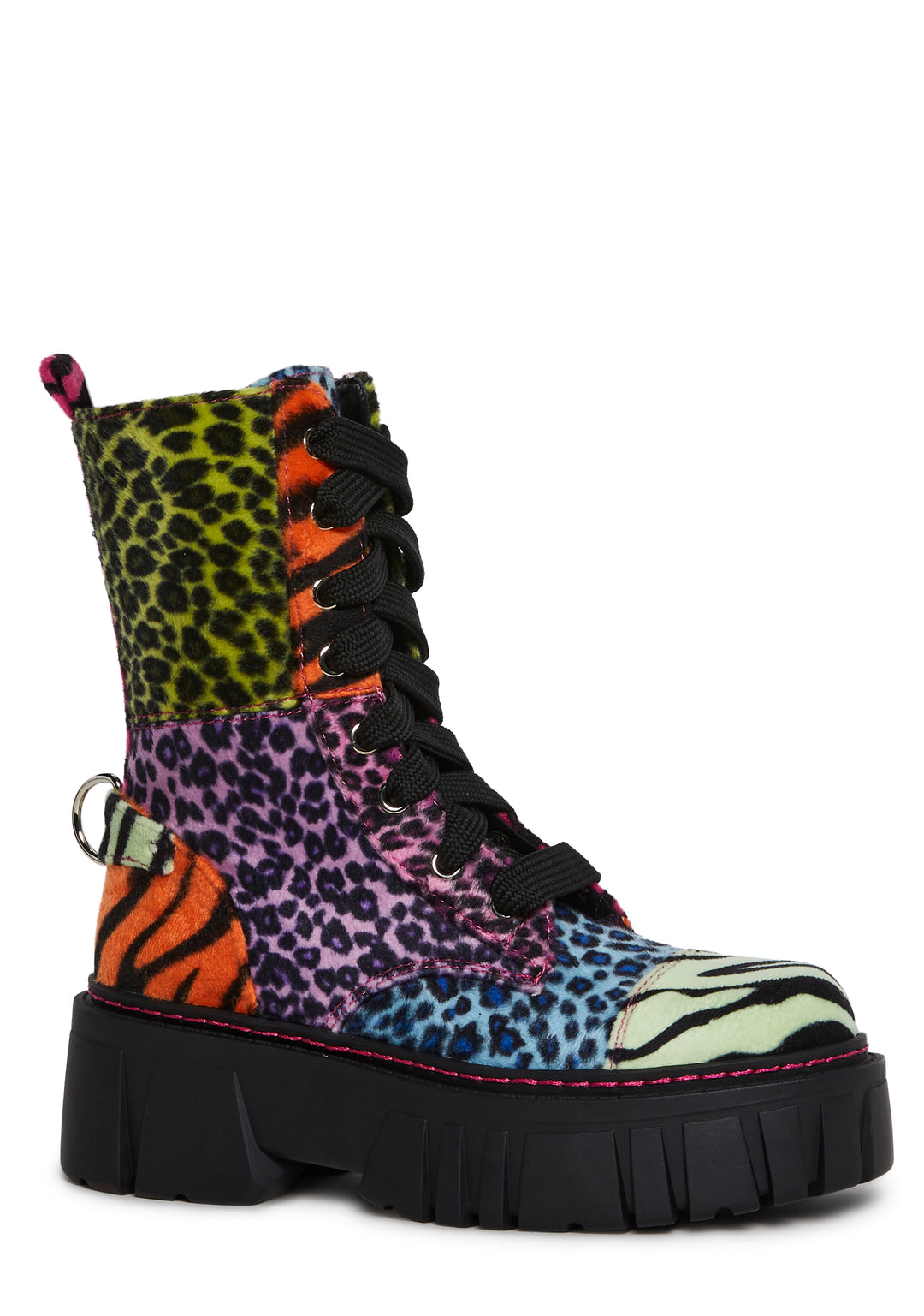 Patchwork Animal Print Combat Boots With Lace-Ups And Side Zip Current Mood - Multi - Image 2