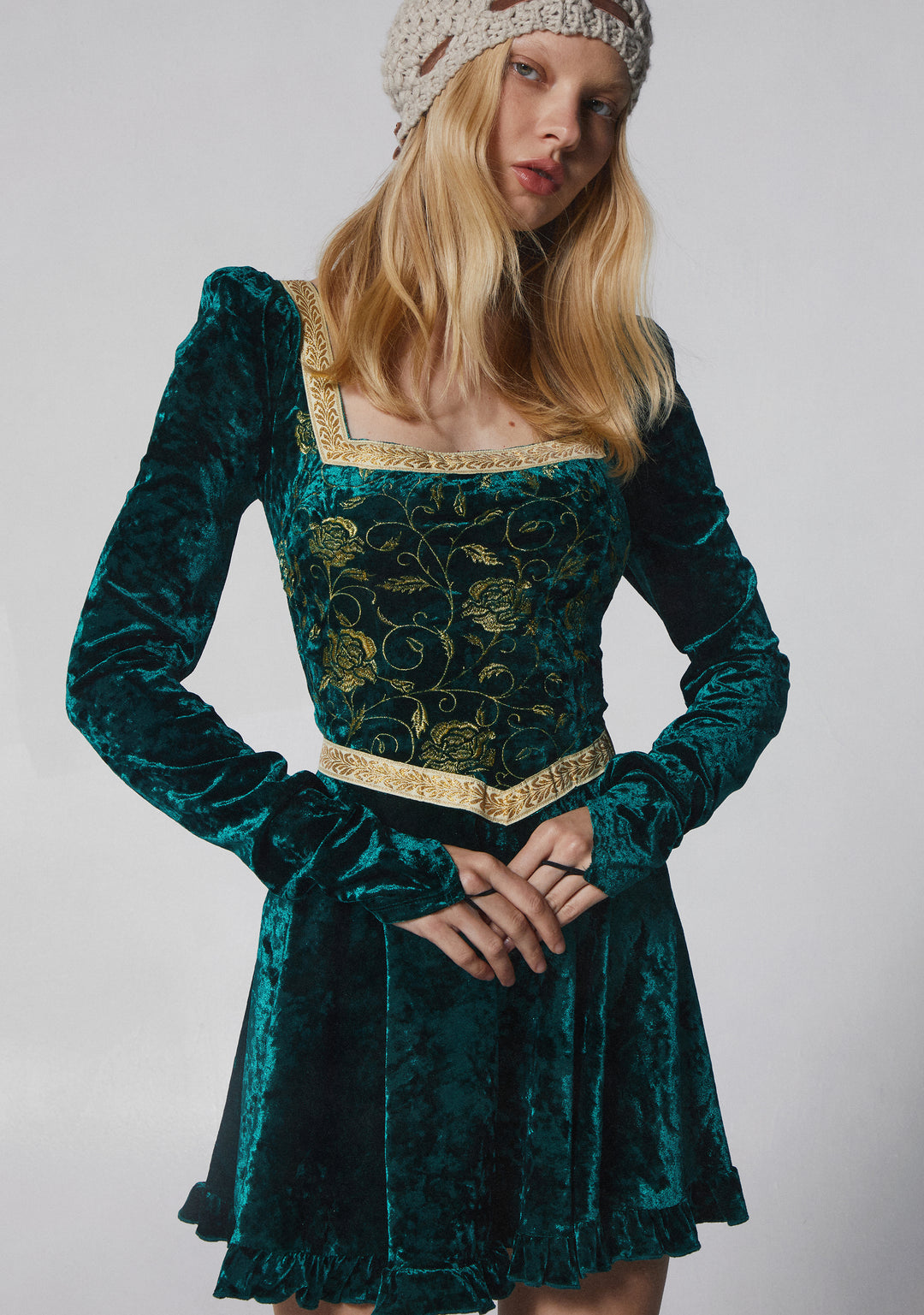 Dolls Kill x Shrek Fiona Velvet Long Sleeve Dress With Embroidery - Green - Image 8