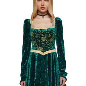 Dolls Kill x Shrek Fiona Velvet Long Sleeve Dress With Embroidery - Green