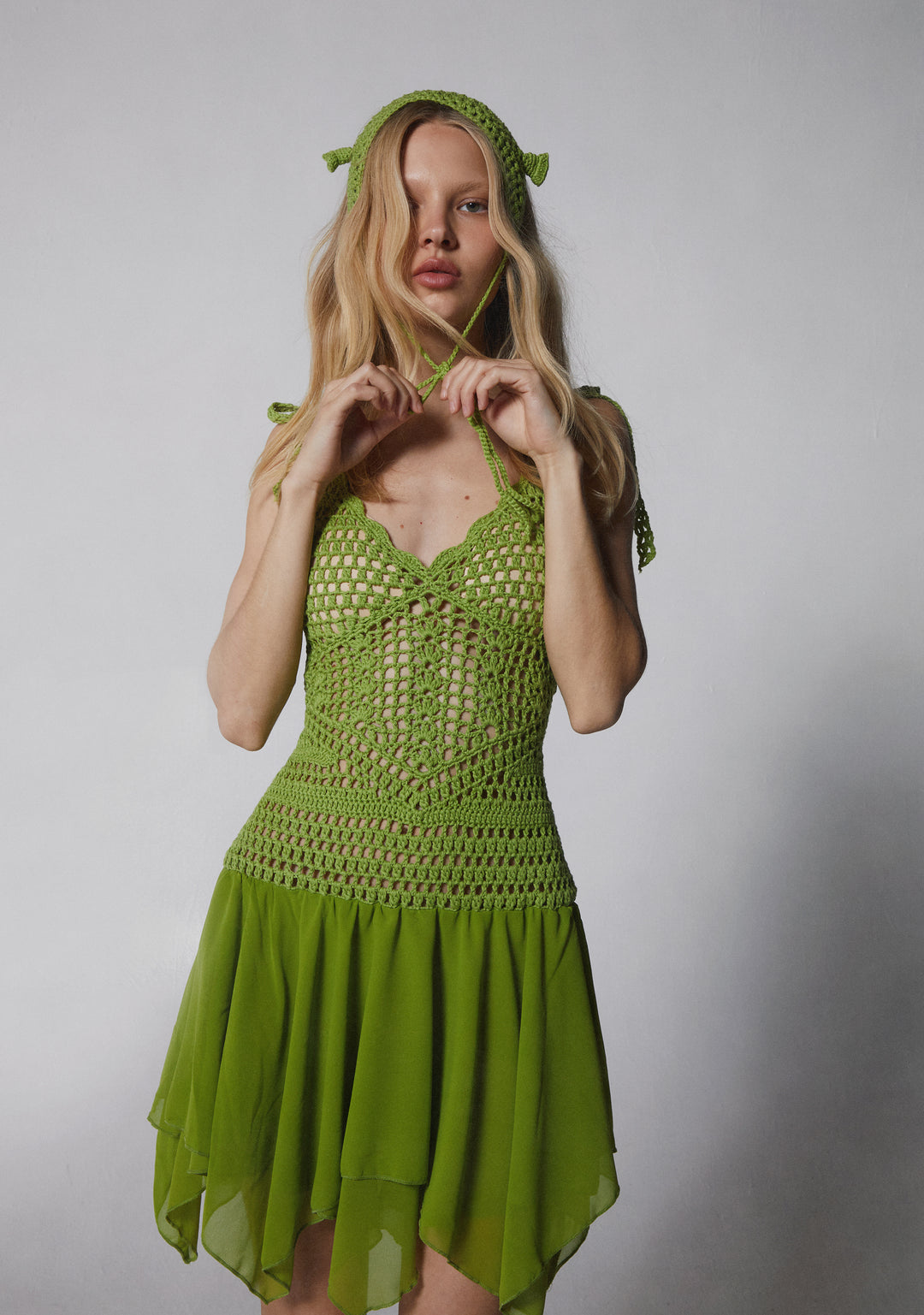 Dolls Kill x Shrek Sheer Crochet And Mesh Mini Dress With Crochet Hat - Green - Image 8