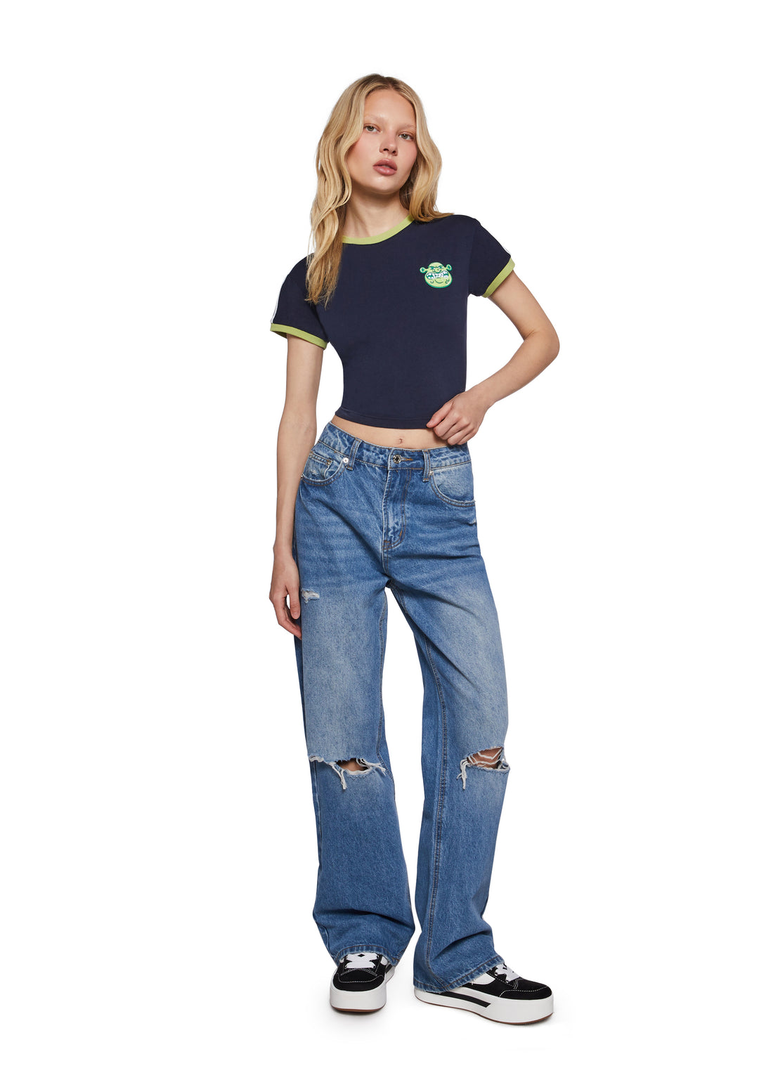 Dolls Kill x Shrek Jersey Crop Tee With Embroidery - Blue - Image 2