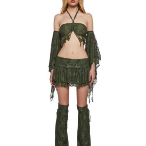 Dolls Kill x Shrek Lace Halter Top Skirt Arm Leg Warmers Set - Green