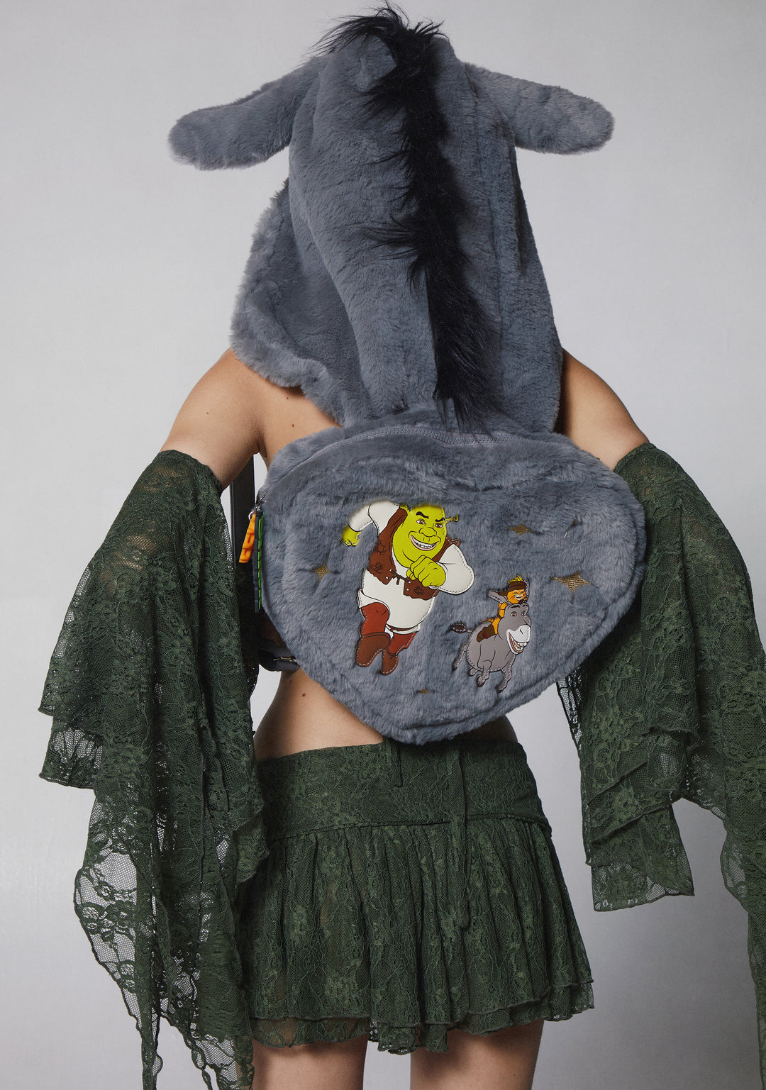 Dolls Kill x Shrek Donkey Hooded Backpack With Waffle Charm - Gray - Image 10