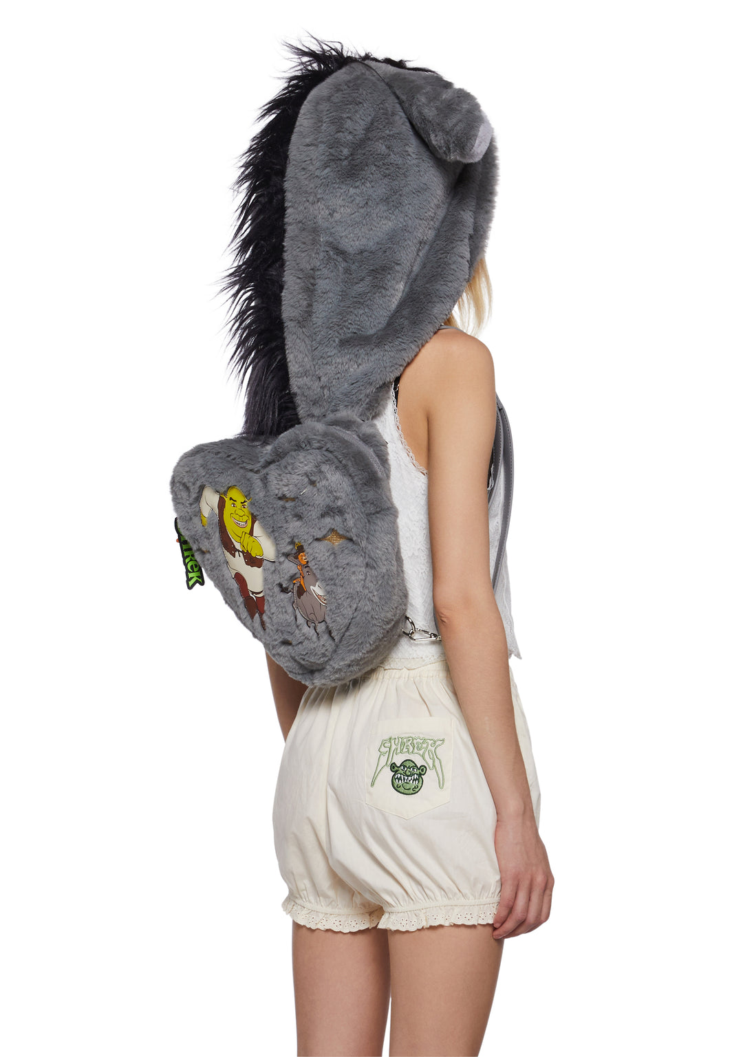 Dolls Kill x Shrek Donkey Hooded Backpack With Waffle Charm - Gray - Image 4
