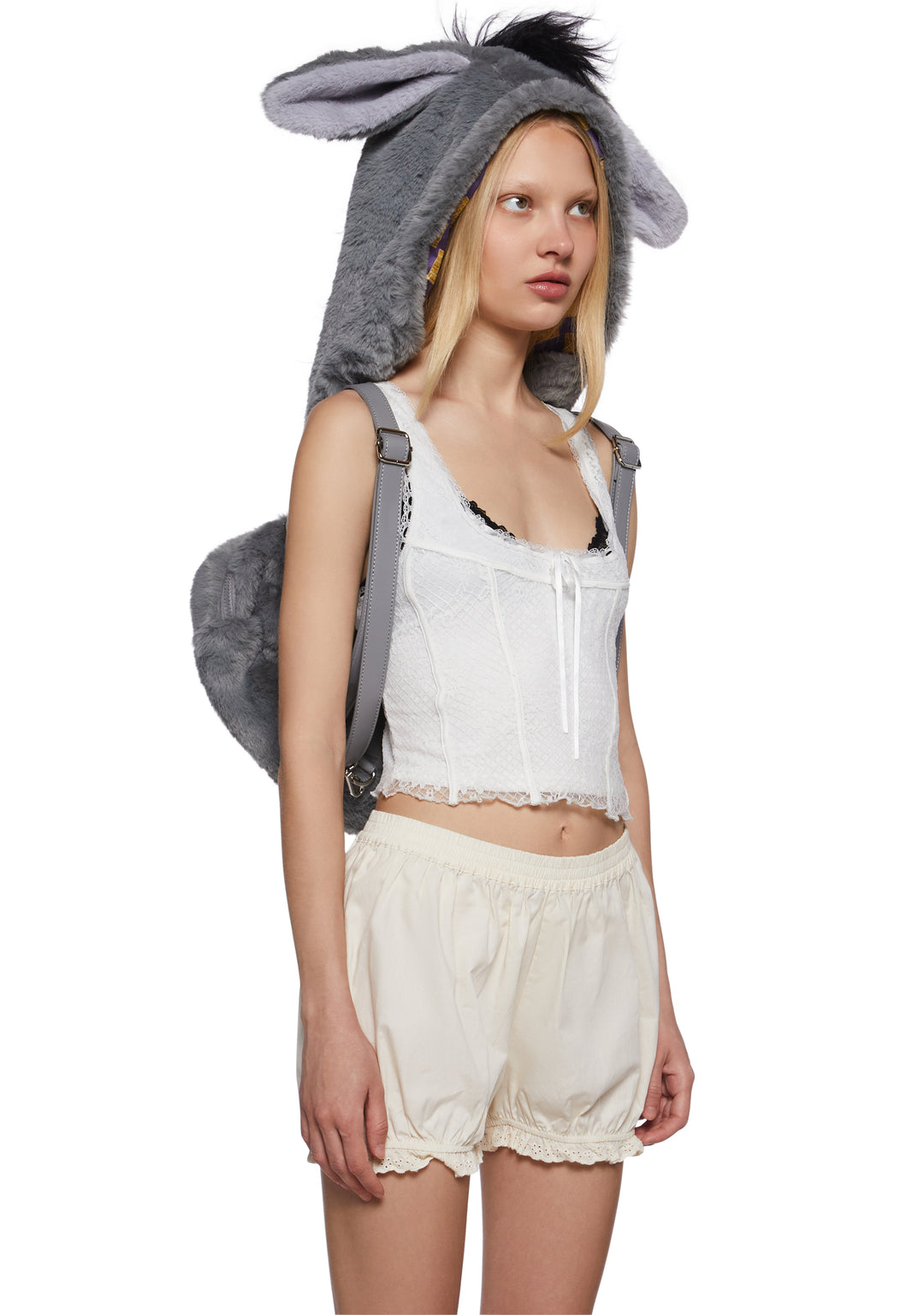 Dolls Kill x Shrek Donkey Hooded Backpack With Waffle Charm - Gray - Image 3