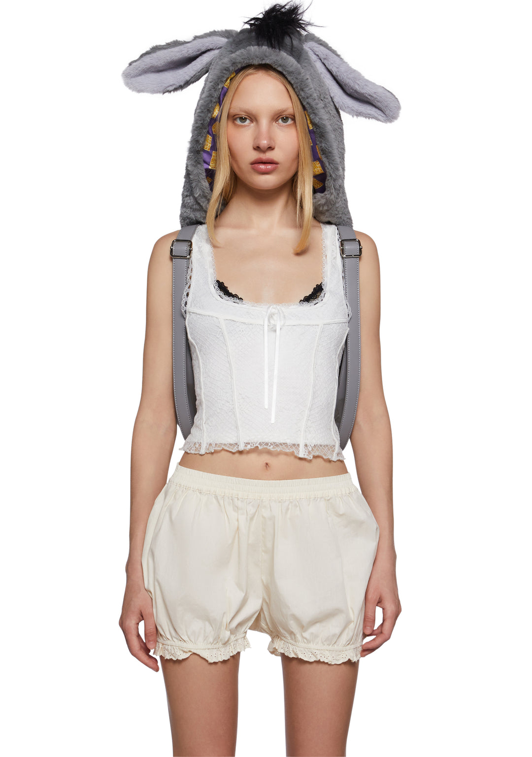 Dolls Kill x Shrek Donkey Hooded Backpack With Waffle Charm - Gray - Image 6