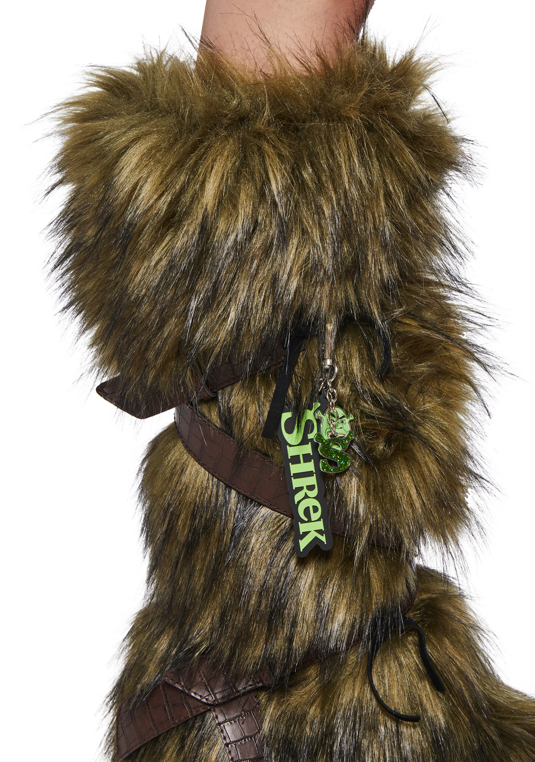 Dolls Kill x Shrek Faux Fur Boots With Straps And Keychain - Green - Image 2