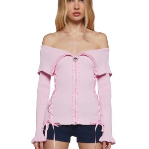 Womens Fold-Over Heart Lace Ribbed Knit Zippered Cardigan Sugar Thrillz - Pink