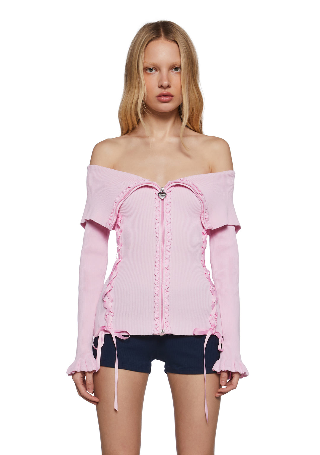 Womens Fold-Over Heart Lace Ribbed Knit Zippered Cardigan Sugar Thrillz - Pink