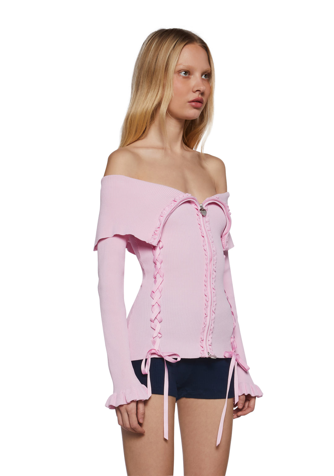 Womens Fold-Over Heart Lace Ribbed Knit Zippered Cardigan Sugar Thrillz - Pink - Image 3