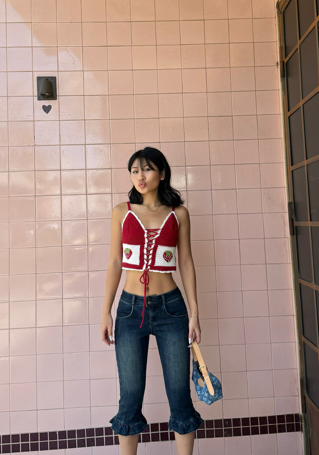 Womens Strawberry Crochet Tank Top With Lace Ups Sugar Thrillz - Red - Image 9