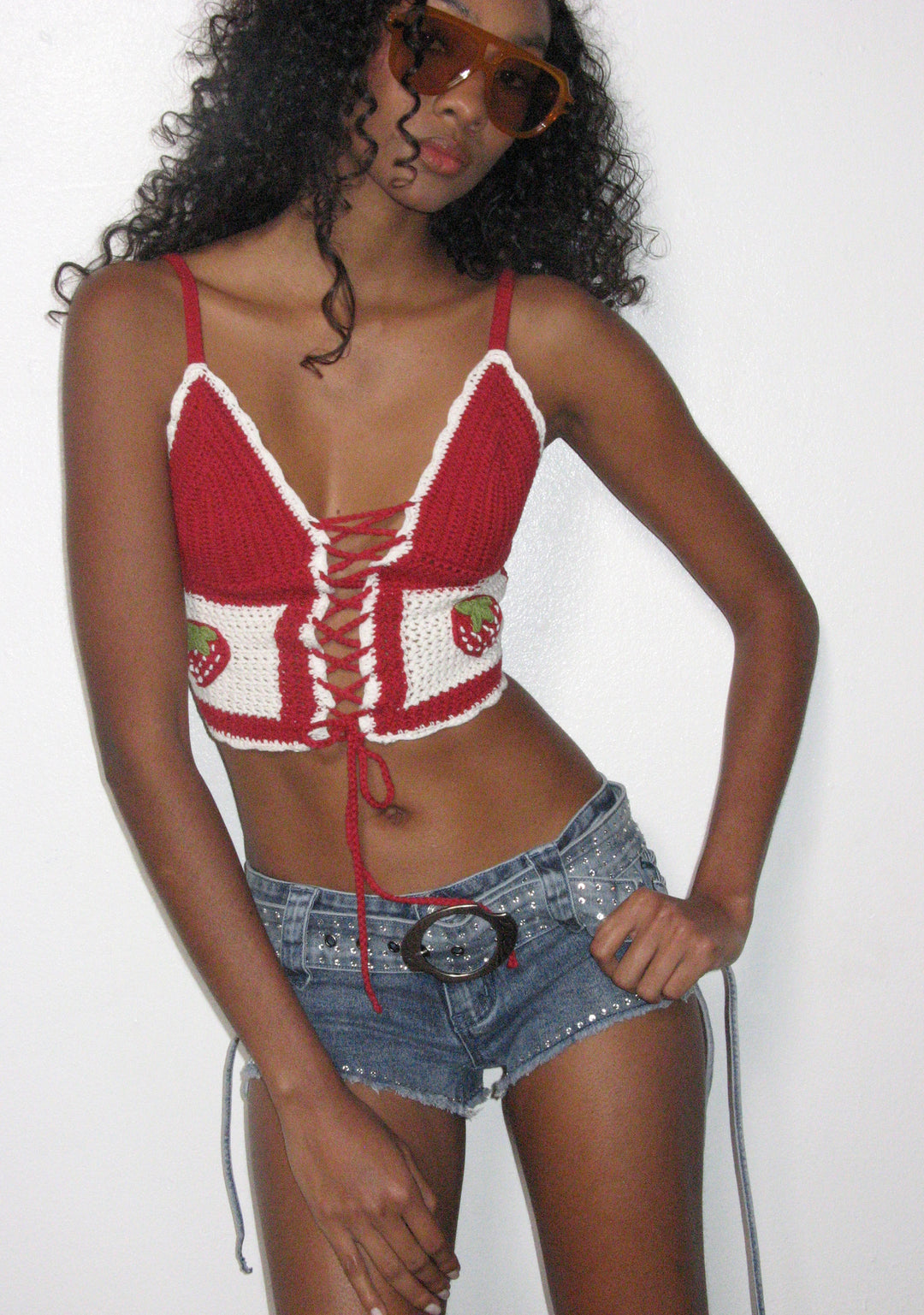 Womens Strawberry Crochet Tank Top With Lace Ups Sugar Thrillz - Red - Image 6