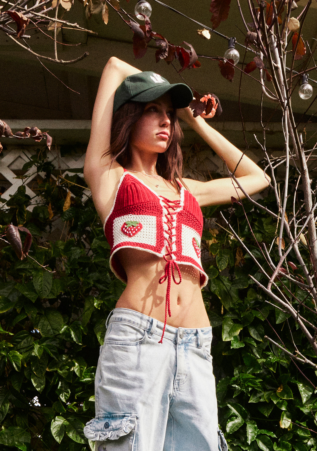 Womens Strawberry Crochet Tank Top With Lace Ups Sugar Thrillz - Red - Image 8