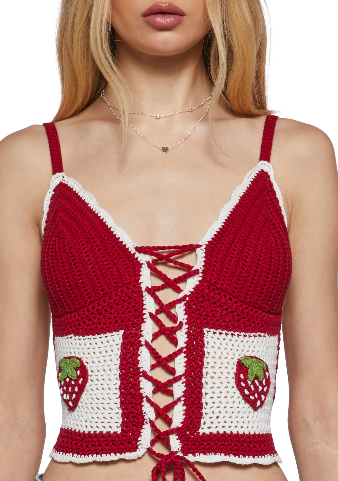 Womens Strawberry Crochet Tank Top With Lace Ups Sugar Thrillz - Red - Image 5
