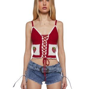Womens Strawberry Crochet Tank Top With Lace Ups Sugar Thrillz - Red