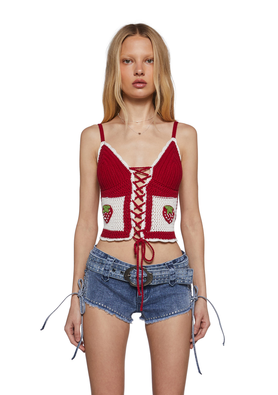 Womens Strawberry Crochet Tank Top With Lace Ups Sugar Thrillz - Red