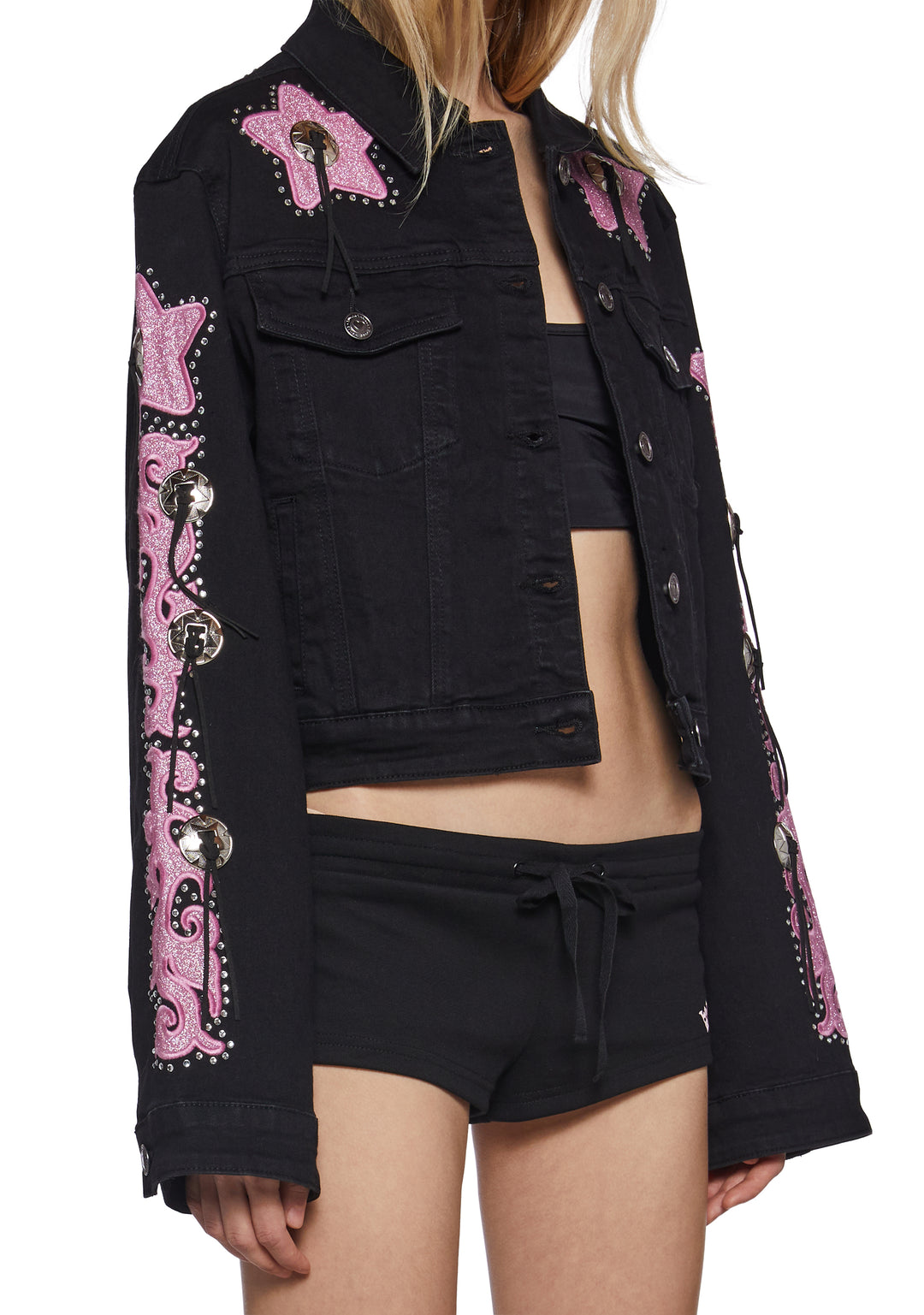 Womens Denim Jacket With Bolo Glitter Star Hardware Sugar Thrillz - Black - Image 6