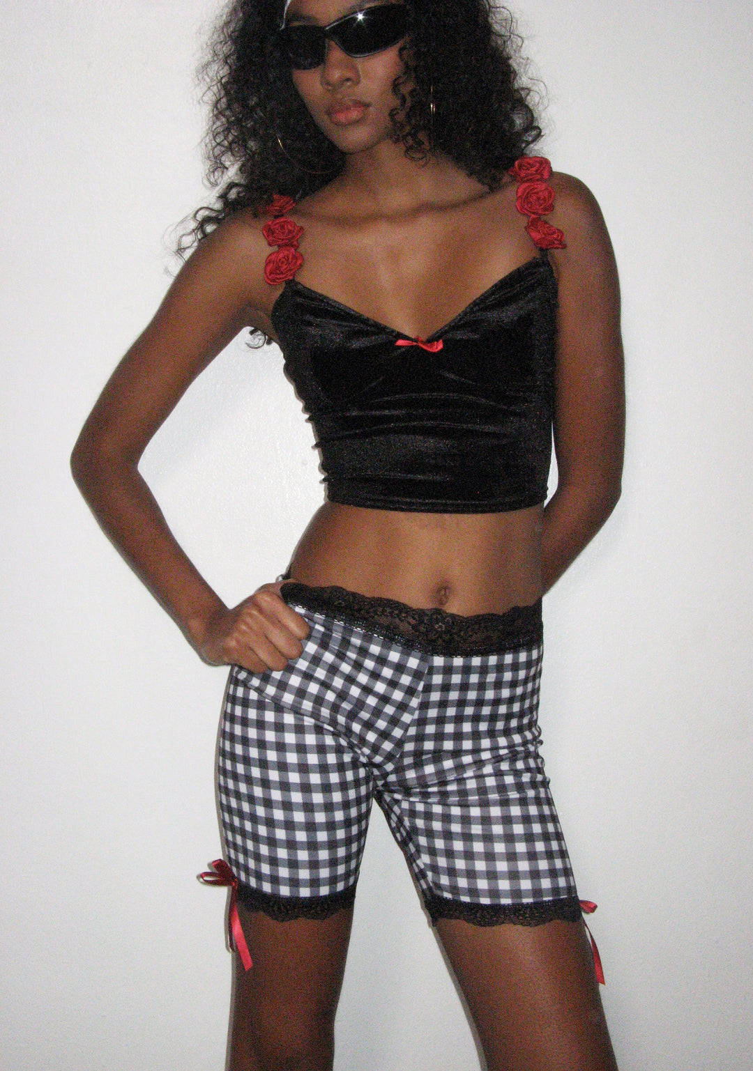 Womens Gingham Bike Shorts With Lace Trim Sugar Thrillz - Black - Image 6