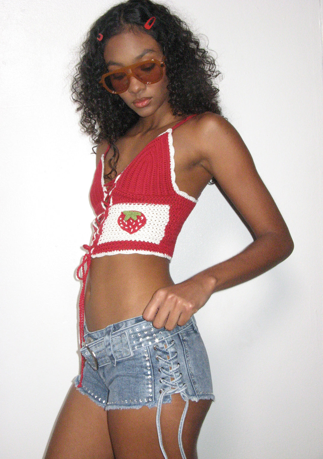 Womens Rhinestone Denim Micro Shorts With Western Belt Sugar Thrillz - Blue - Image 6