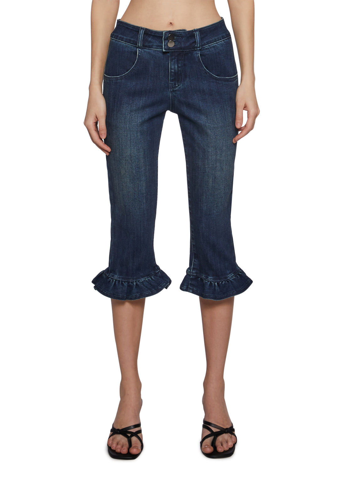 Womens Ruffled Denim Capri Pants Jeans Sugar Thrillz - Blue