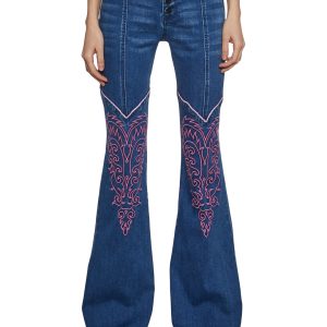 Womens Denim Flared Pants Jeans With Embroidery Sugar Thrillz - Blue