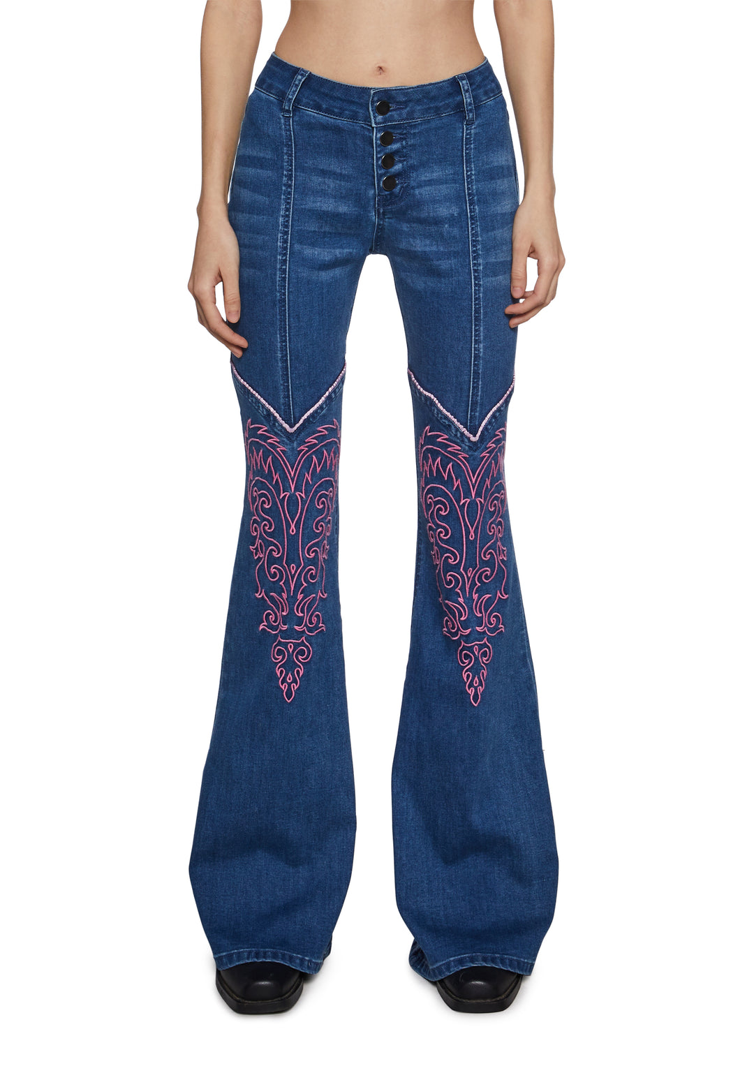 Womens Denim Flared Pants Jeans With Embroidery Sugar Thrillz - Blue