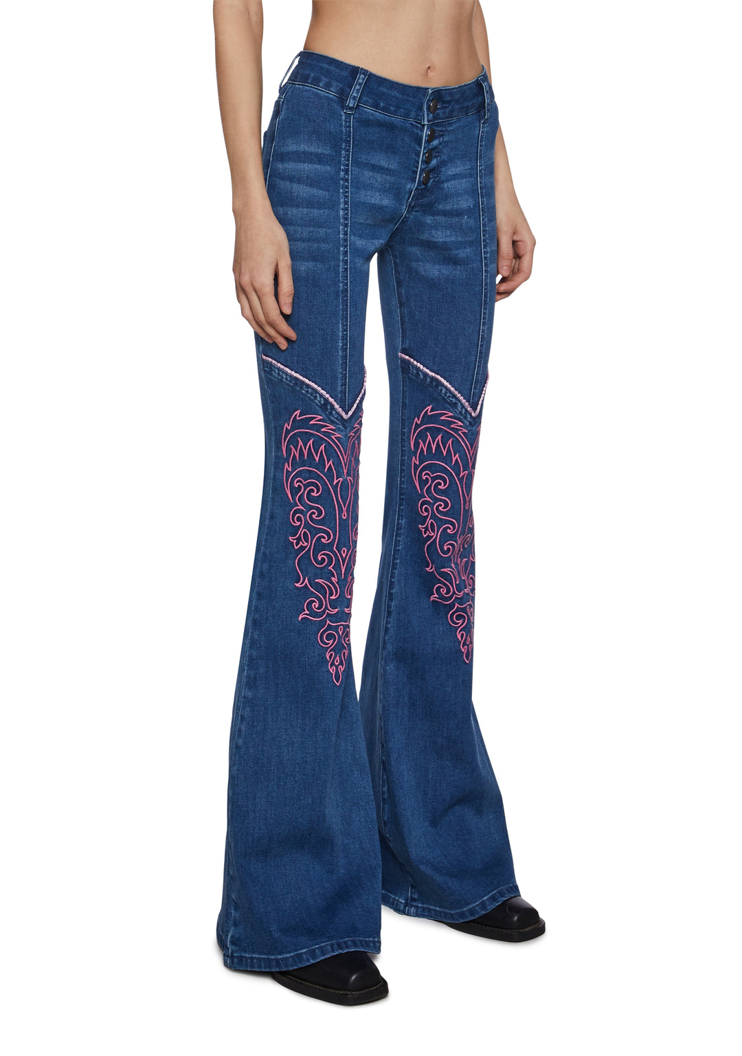 Womens Denim Flared Pants Jeans With Embroidery Sugar Thrillz - Blue - Image 3