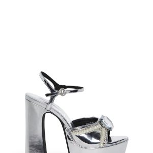 Vegan Leather Metallic Diamond Gemstone Platform Heels Sugar Thrillz - Silver