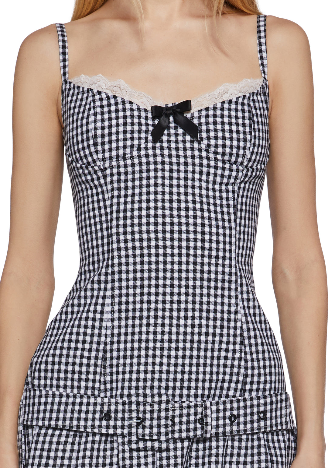Womens Gingham Lace Mini Dress With Belt Sugar Thrillz - Black - Image 5