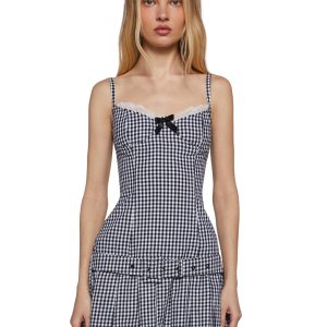 Womens Gingham Lace Mini Dress With Belt Sugar Thrillz - Black