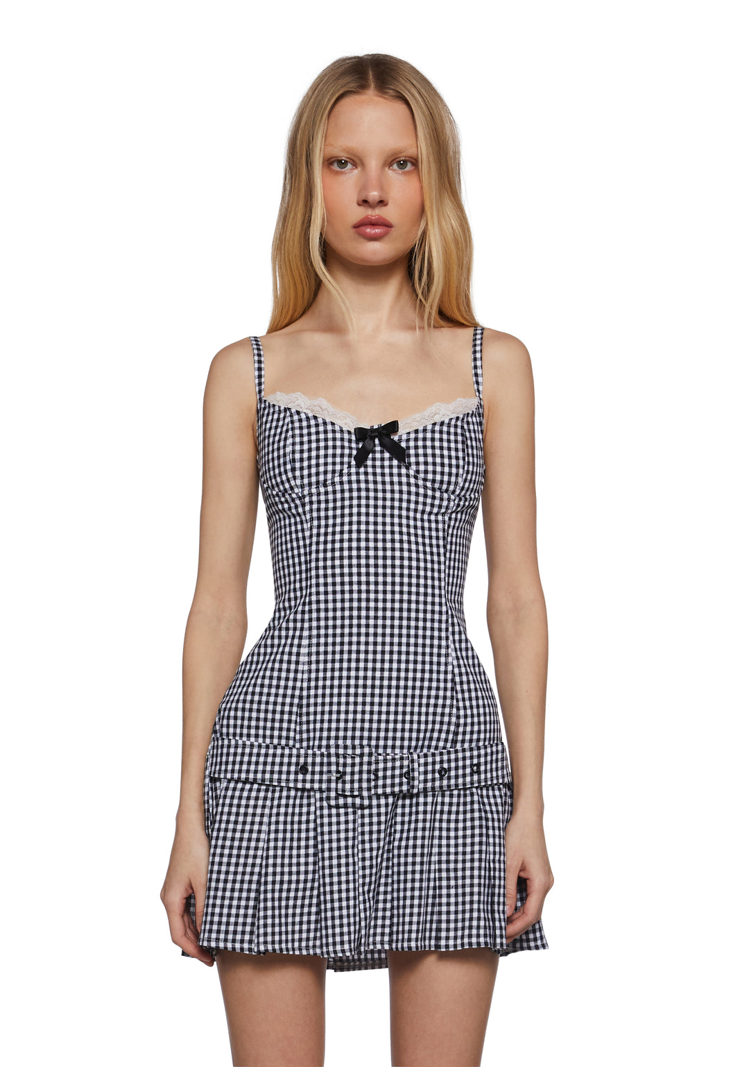 Womens Gingham Lace Mini Dress With Belt Sugar Thrillz - Black