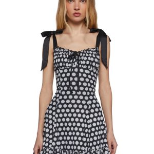 Womens Polka Dot Mini Dress With Satin Shoulder Ties Sugar Thrillz - Black