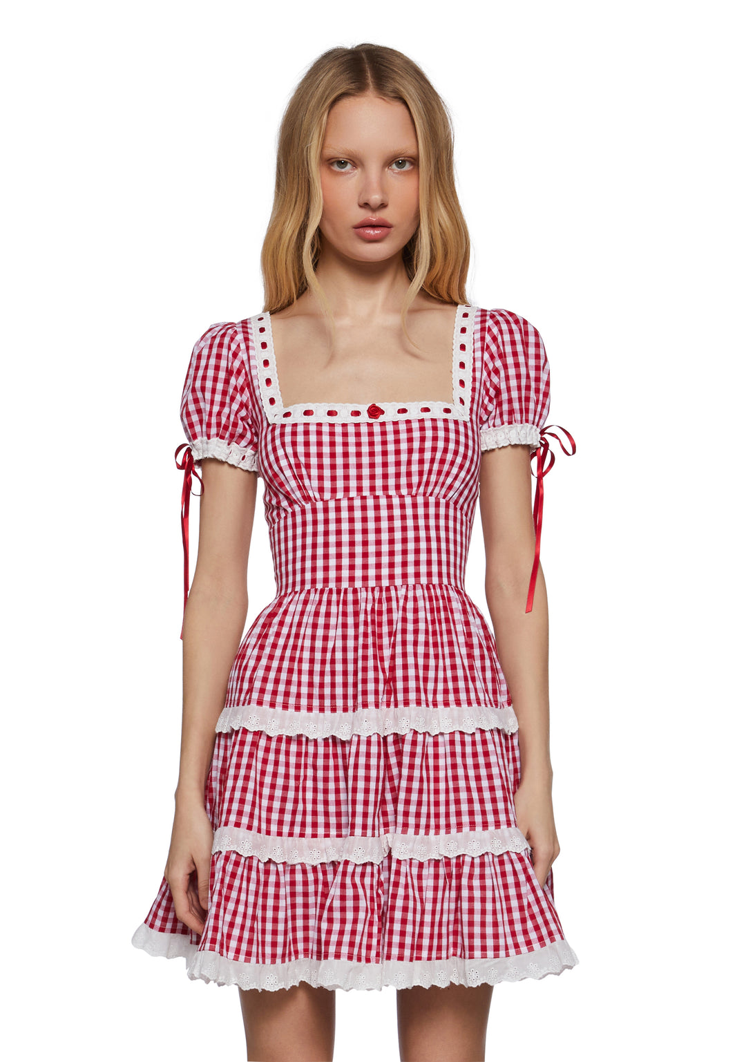 Womens Poplin Gingham Ruffled Dress Sugar Thrillz - Red