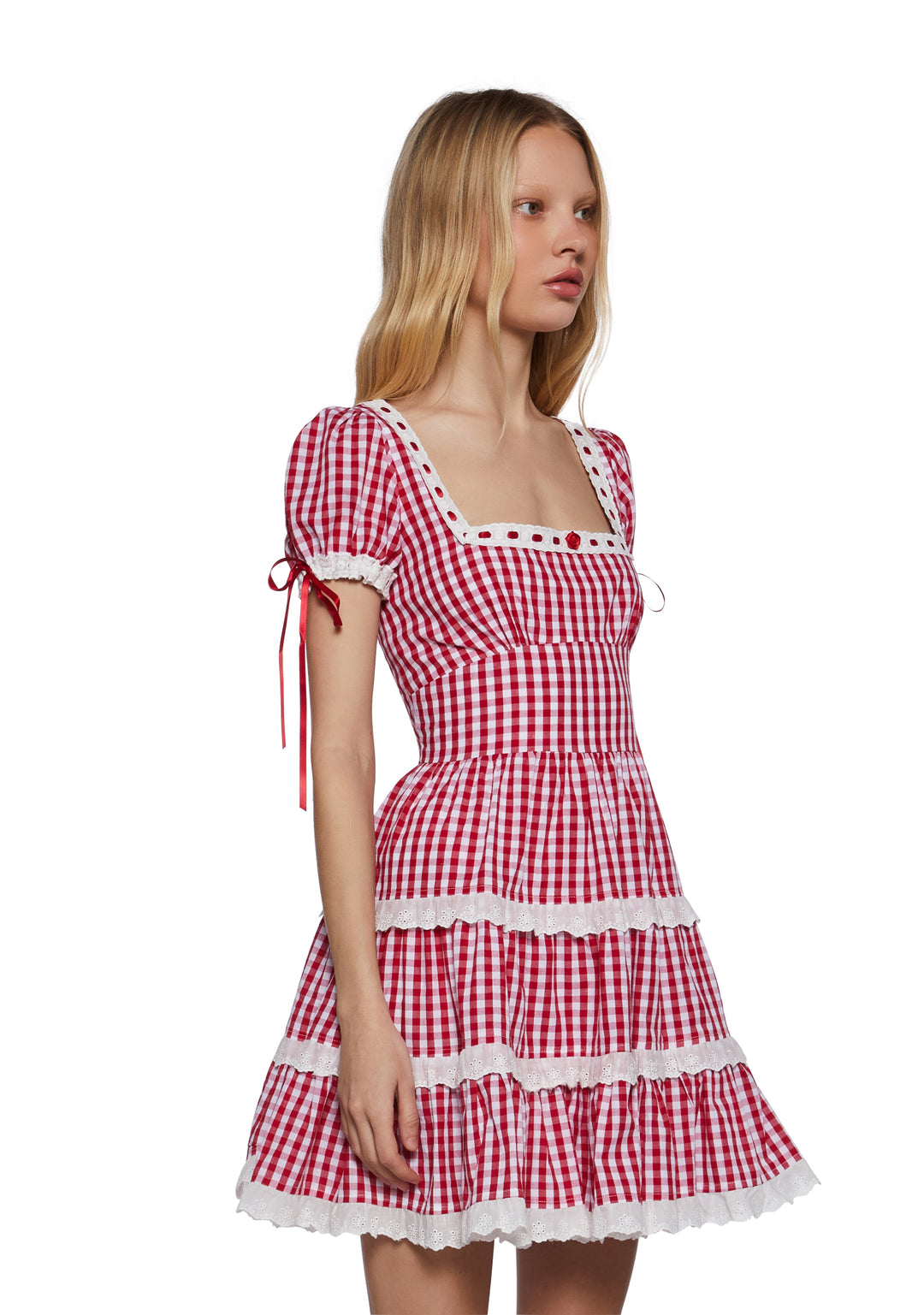Womens Poplin Gingham Ruffled Dress Sugar Thrillz - Red - Image 3