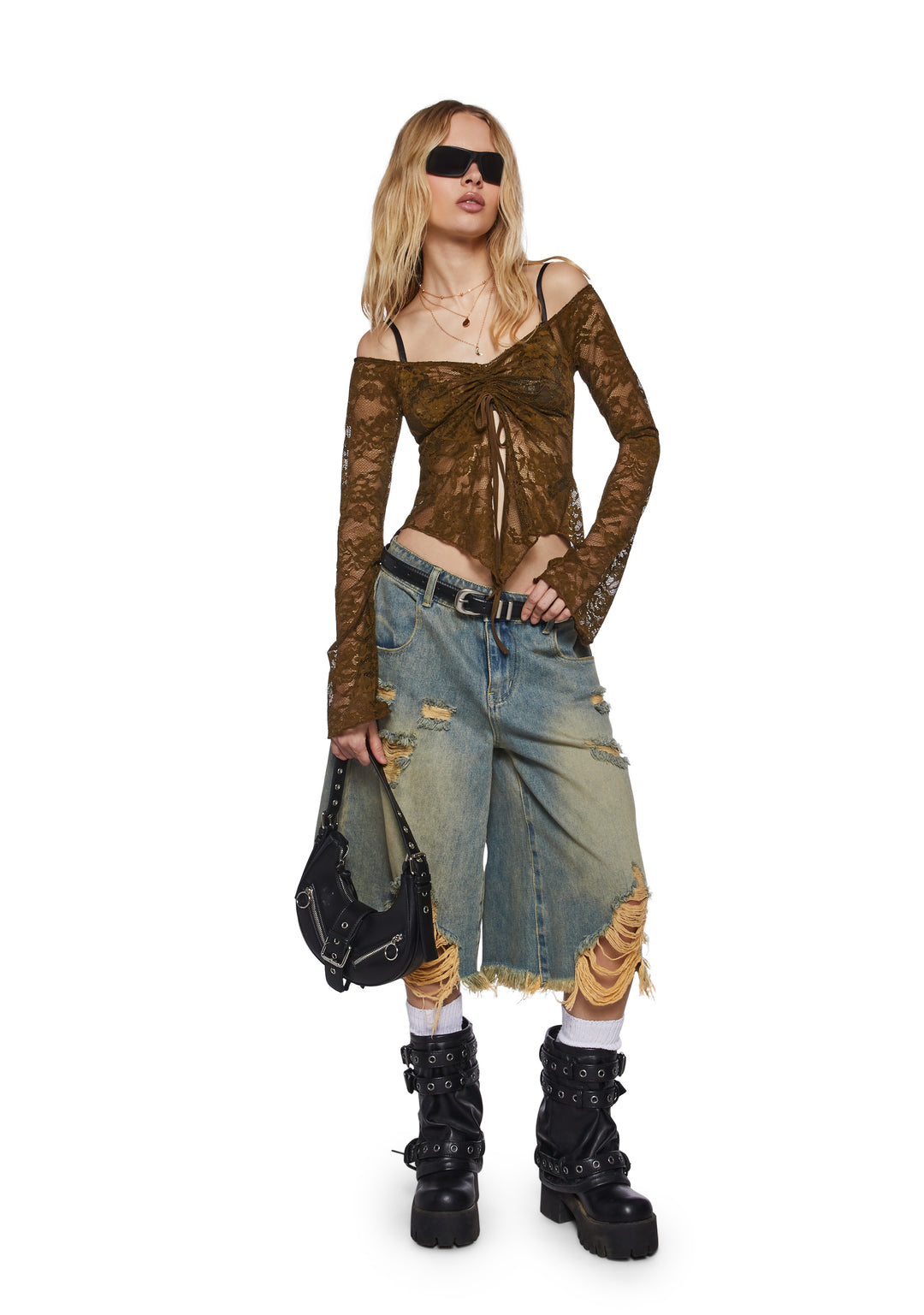 Lace Ruched Bust Handkerchief Hem Long Sleeve Top Current Mood - Green - Image 2