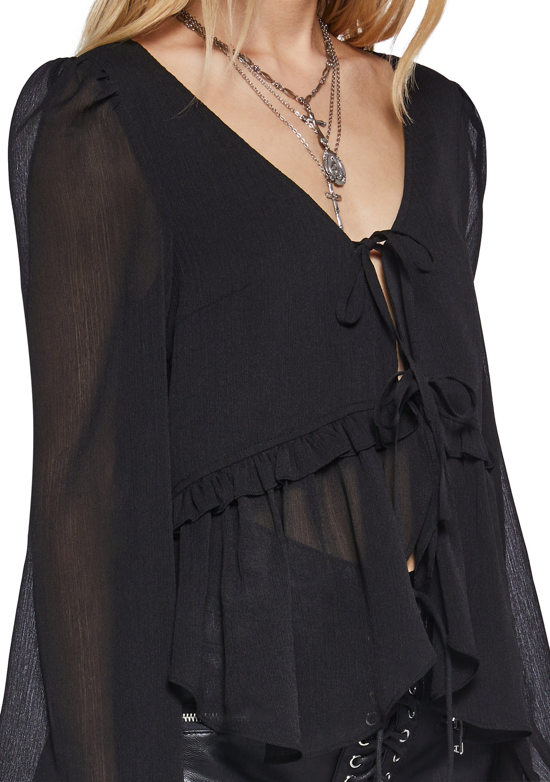 Womens Peasant Top With Puffy Sleeves Current Mood - Black - Image 5