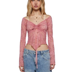 Lace Ruched Bust Handkerchief Hem Long Sleeve Top Current Mood - Pink