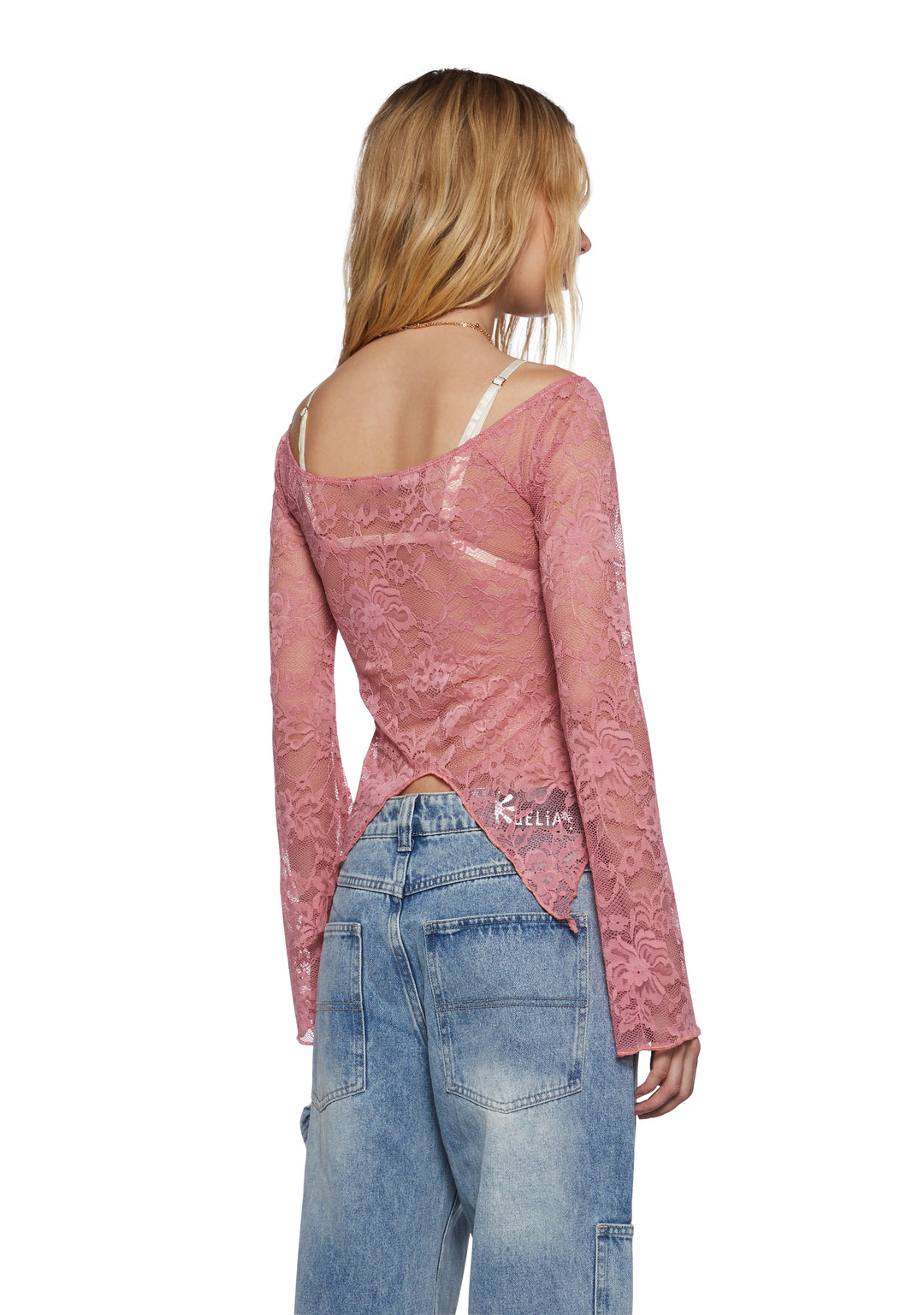 Lace Ruched Bust Handkerchief Hem Long Sleeve Top Current Mood - Pink - Image 4