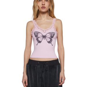 Womens Butterfly Graphic Lace Tank Top Current Mood - Pink