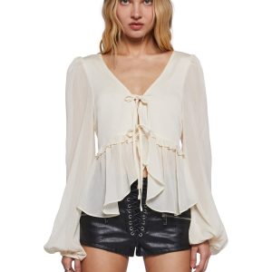 Womens Peasant Top With Puffy Sleeves Current Mood - Off White