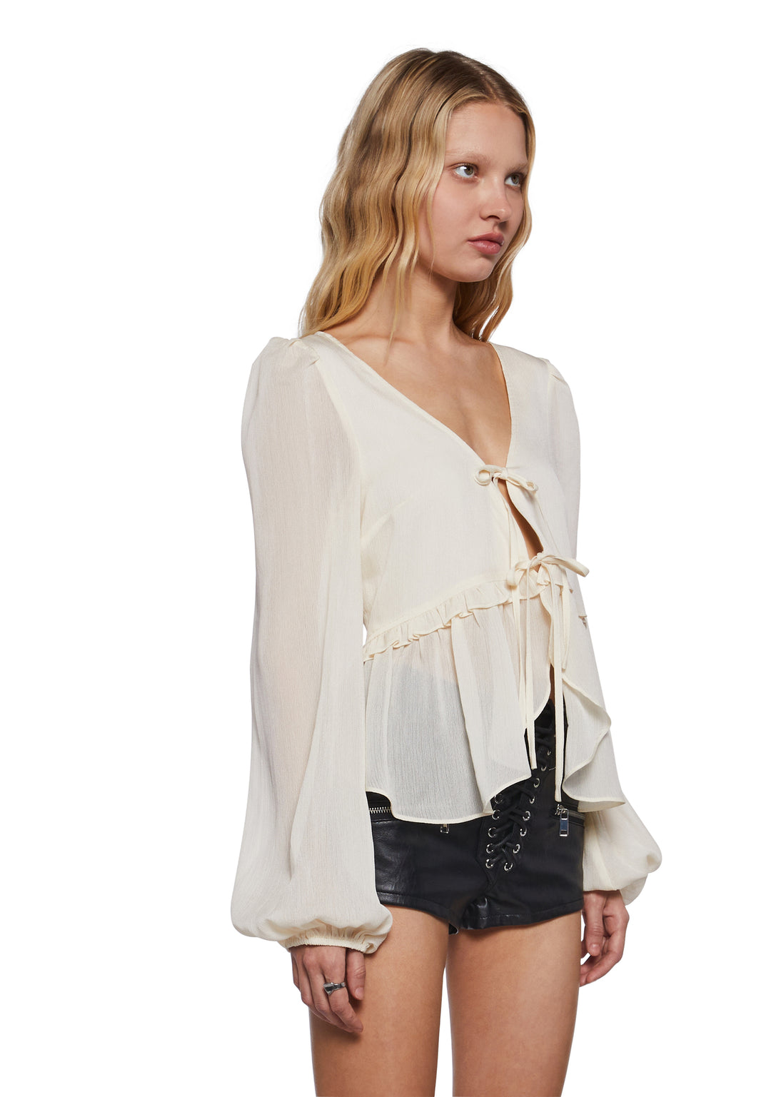 Womens Peasant Top With Puffy Sleeves Current Mood - Off White - Image 3