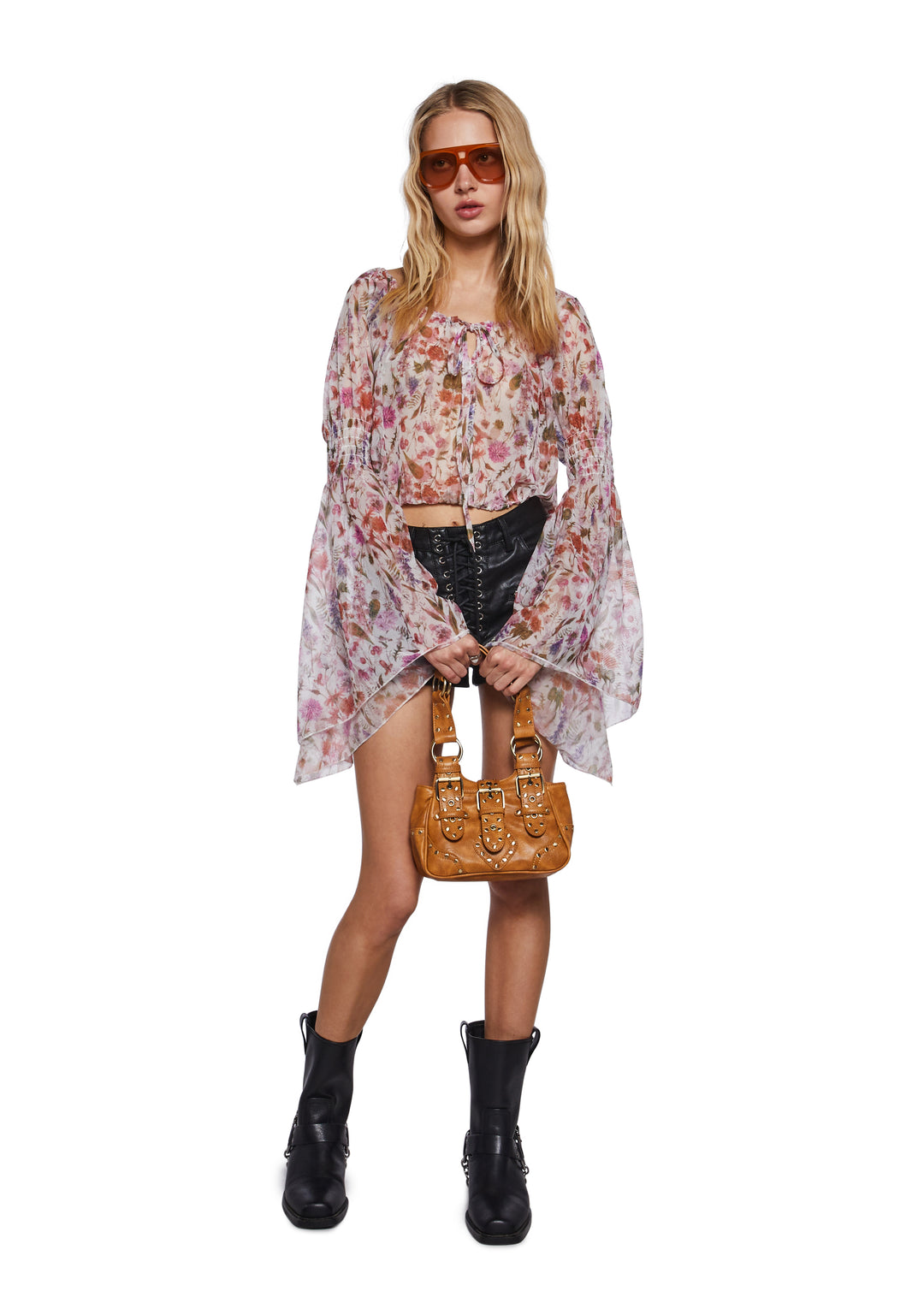 Womens Floral Mesh Flowy Peasant Blouse Current Mood - Multi - Image 2