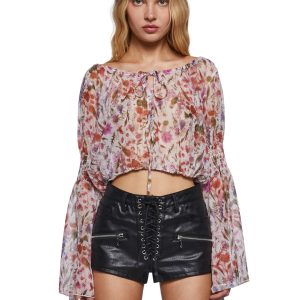 Womens Floral Mesh Flowy Peasant Blouse Current Mood - Multi