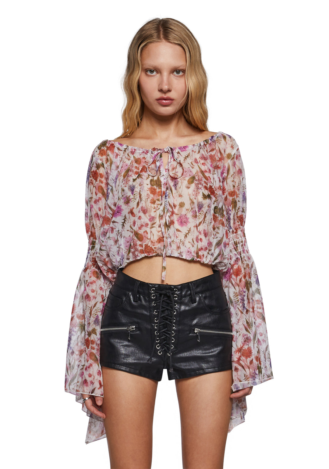 Womens Floral Mesh Flowy Peasant Blouse Current Mood - Multi